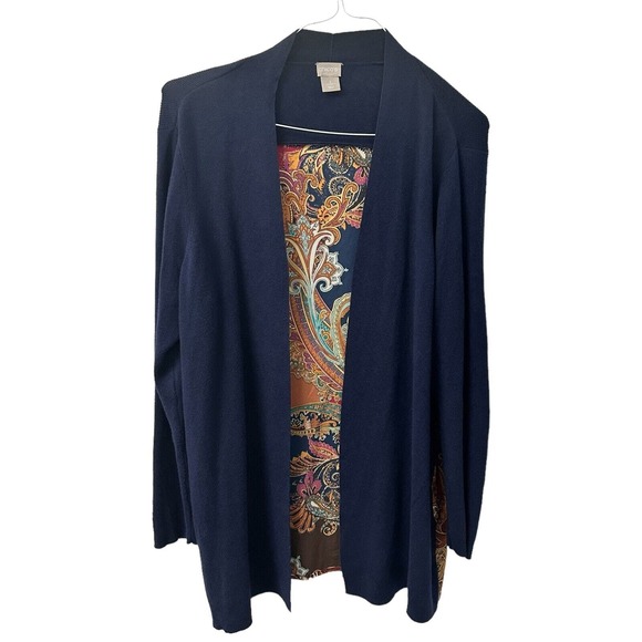 Chico's Navy Open Front Cardigan with Paisley Lining - Picture 4 of 12
